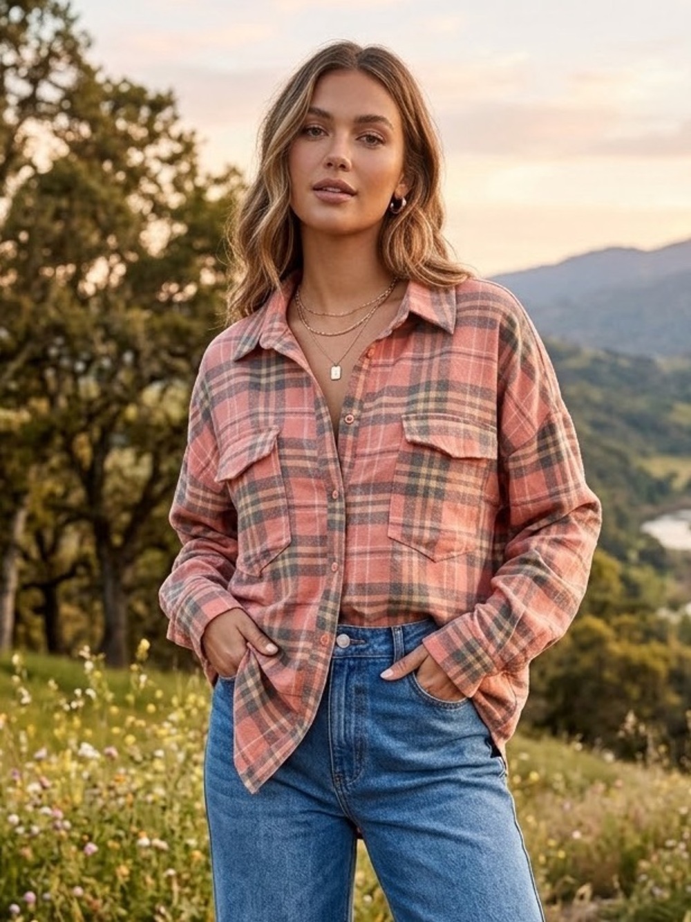 PrettyLittleThing Dusty Pink Plaid Button-Down Flannel Shirt